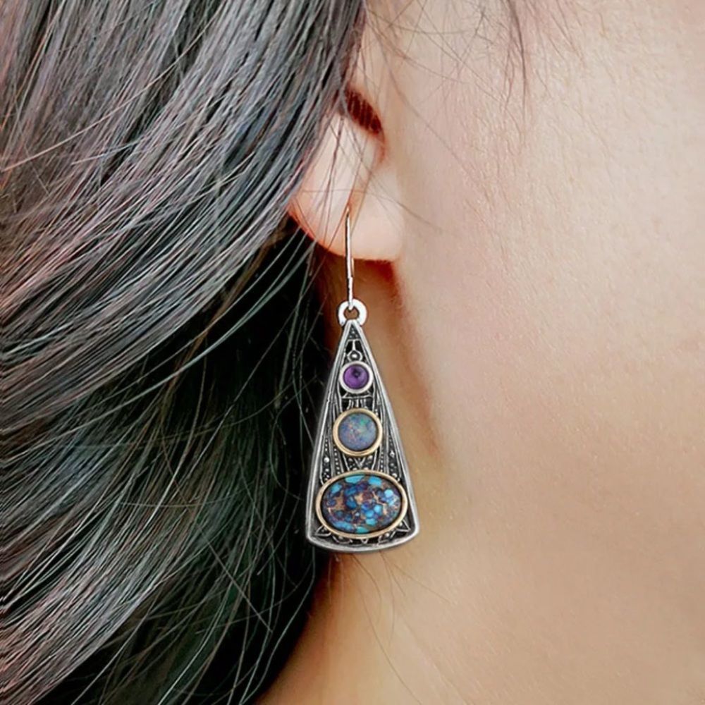 New Beautiful Faux Opal Amethyst Stone 2 Tone Earrings Boho